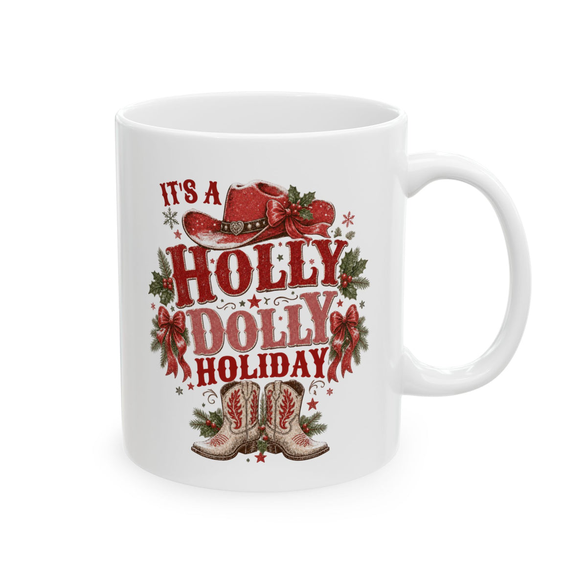 Holly Dolly Christmas Floral Holly Ceramic Mug | Festive Holiday Coffee Cup, Cozy Winter Drinkware, Secret Santa Gift Idea