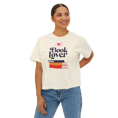 Book Lover Boxy Tee — Women's Casual Graphic Shirt with Stack of Books