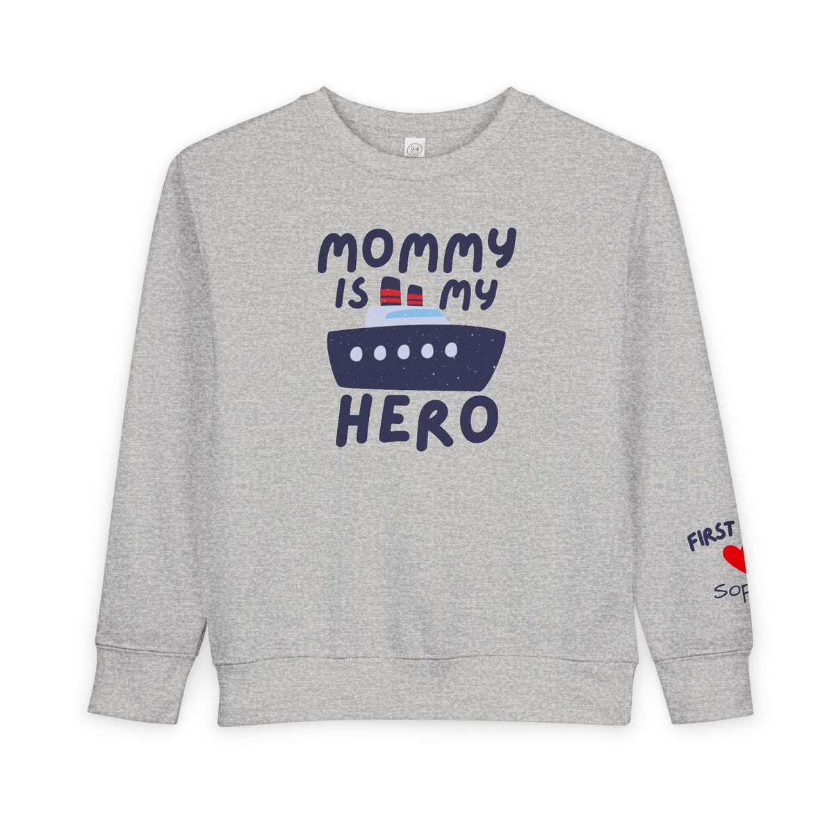 Mommy Is My Hero Toddler Sweatshirt - Cute Boat Design for Kids - Navy Family Sweatshirt with Personalization
