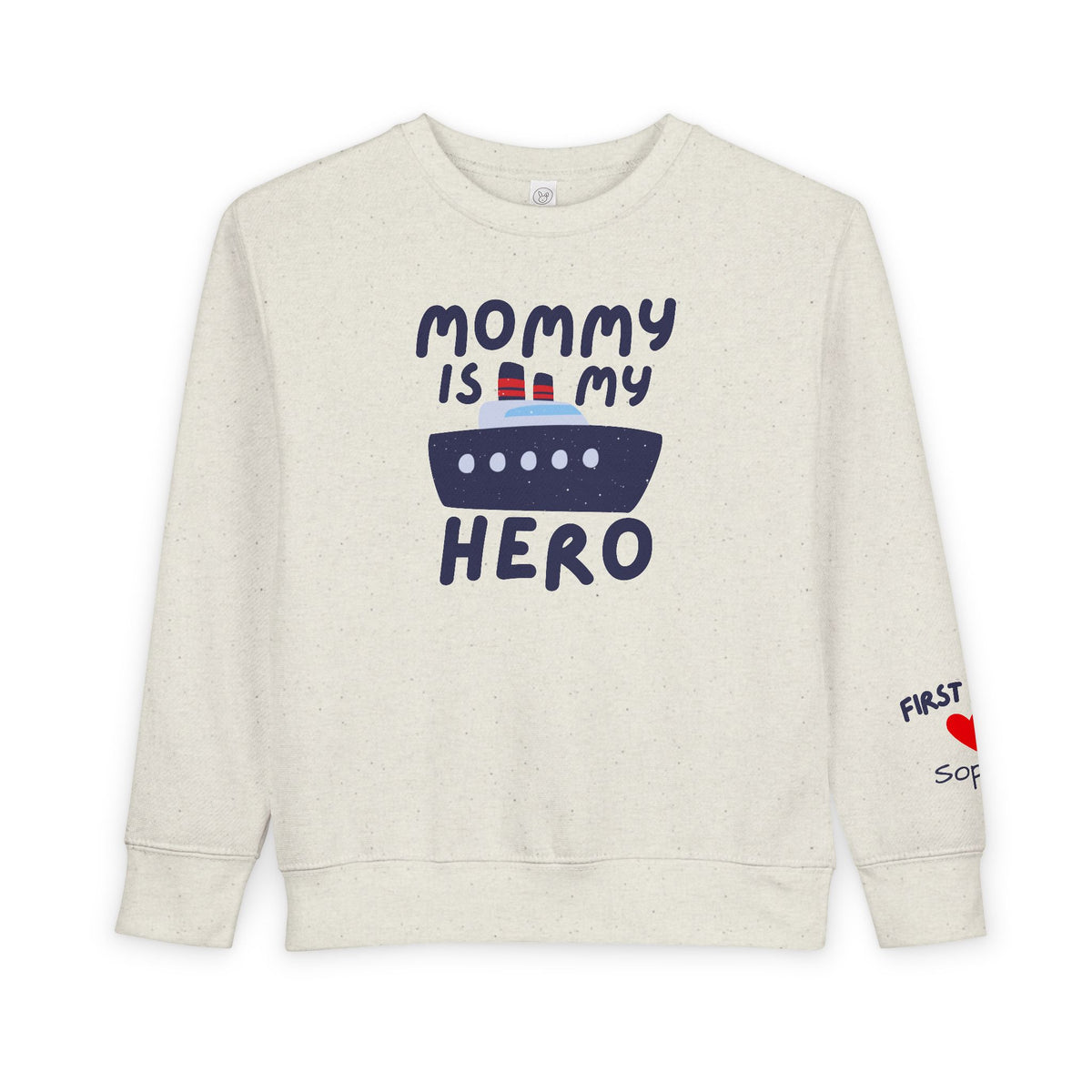 Mommy Is My Hero Toddler Sweatshirt - Cute Boat Design for Kids - Navy Family Sweatshirt with Personalization