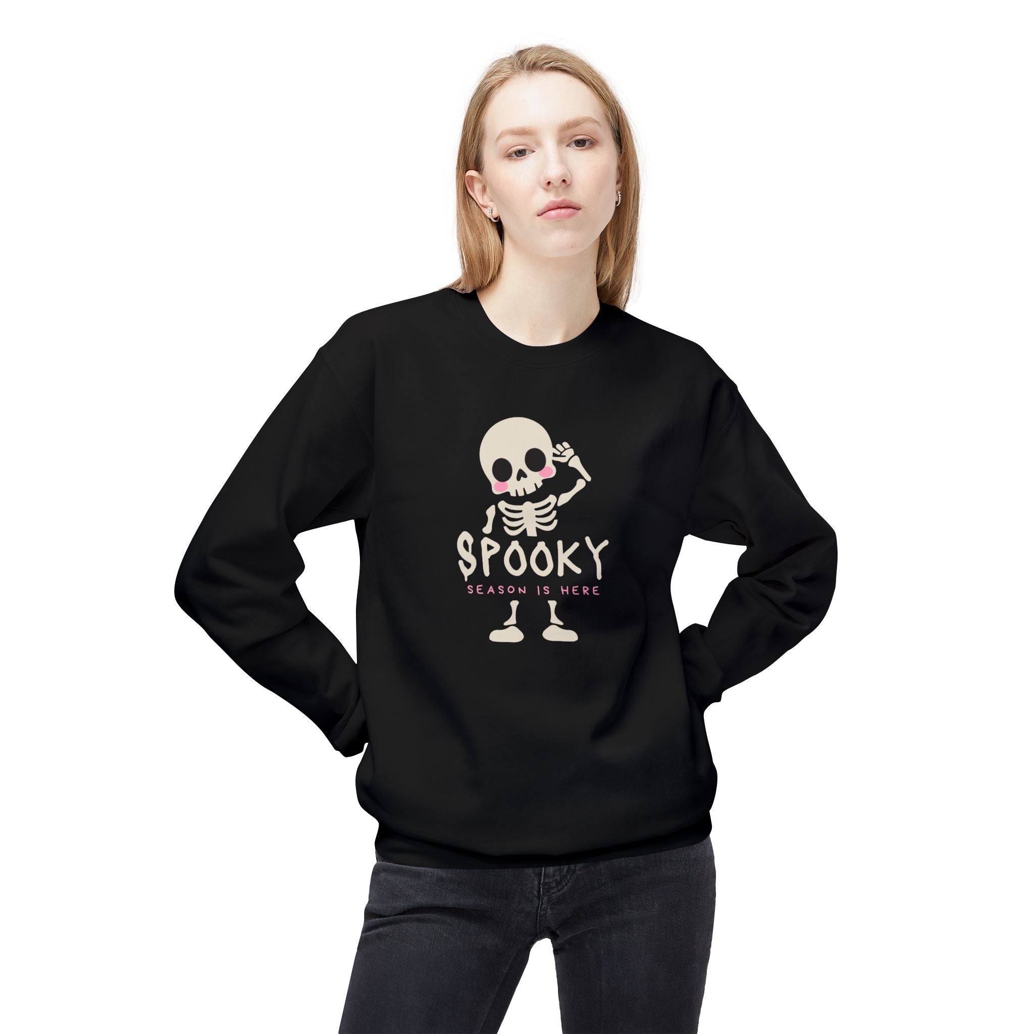 Spooky Season Crewneck Sweatshirt – Cute Skeleton "Spooky" Graphic