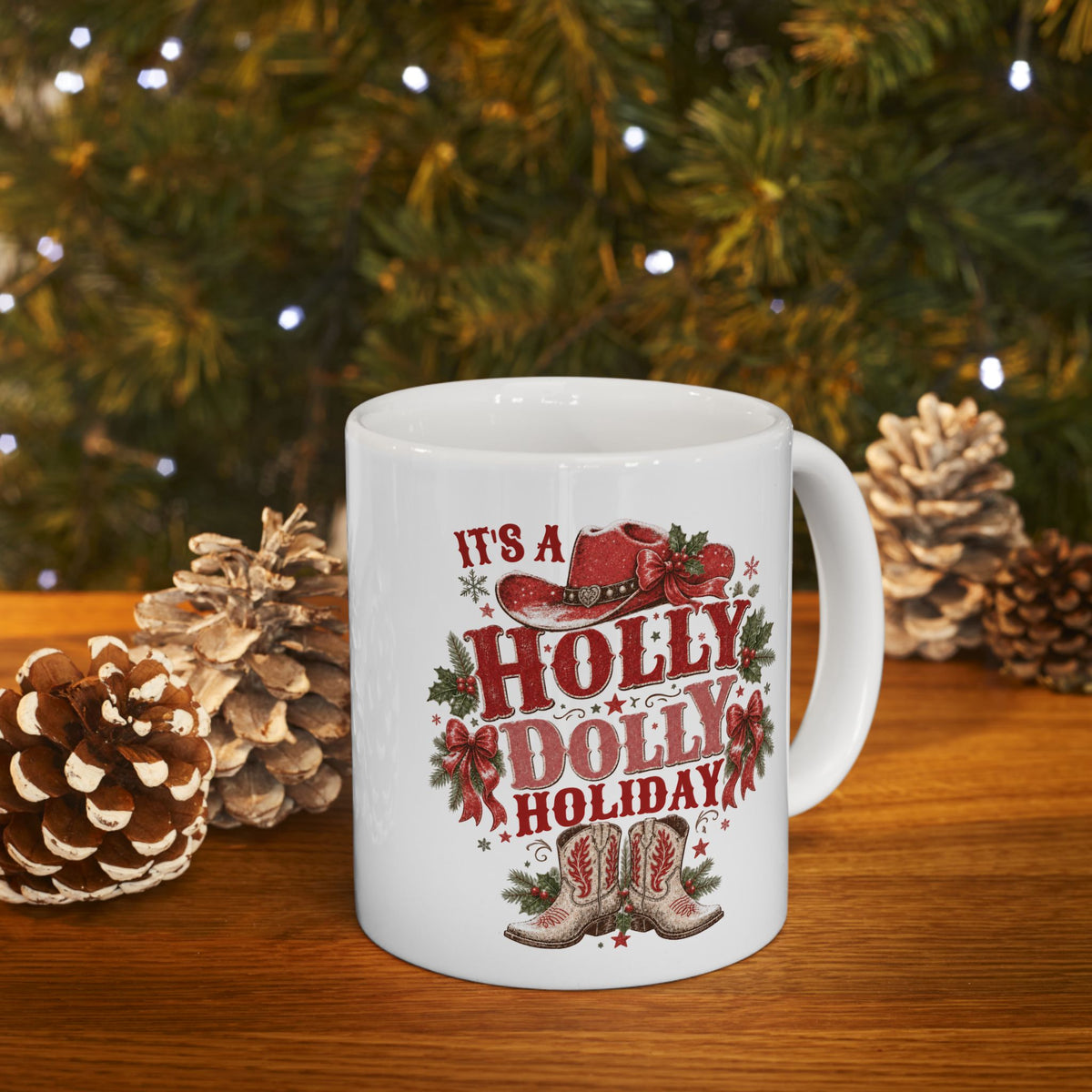 Holly Dolly Christmas Floral Holly Ceramic Mug | Festive Holiday Coffee Cup, Cozy Winter Drinkware, Secret Santa Gift Idea