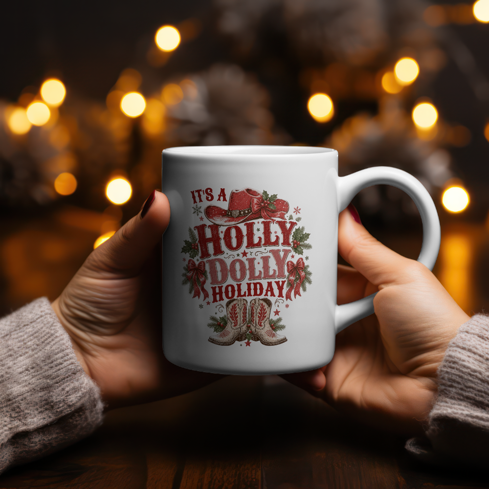 Holly Dolly Christmas Floral Holly Ceramic Mug | Festive Holiday Coffee Cup, Cozy Winter Drinkware, Secret Santa Gift Idea