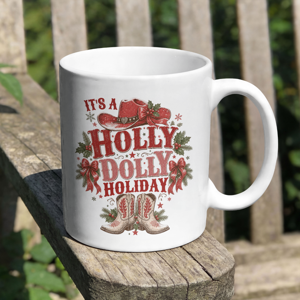 Holly Dolly Christmas Floral Holly Ceramic Mug | Festive Holiday Coffee Cup, Cozy Winter Drinkware, Secret Santa Gift Idea