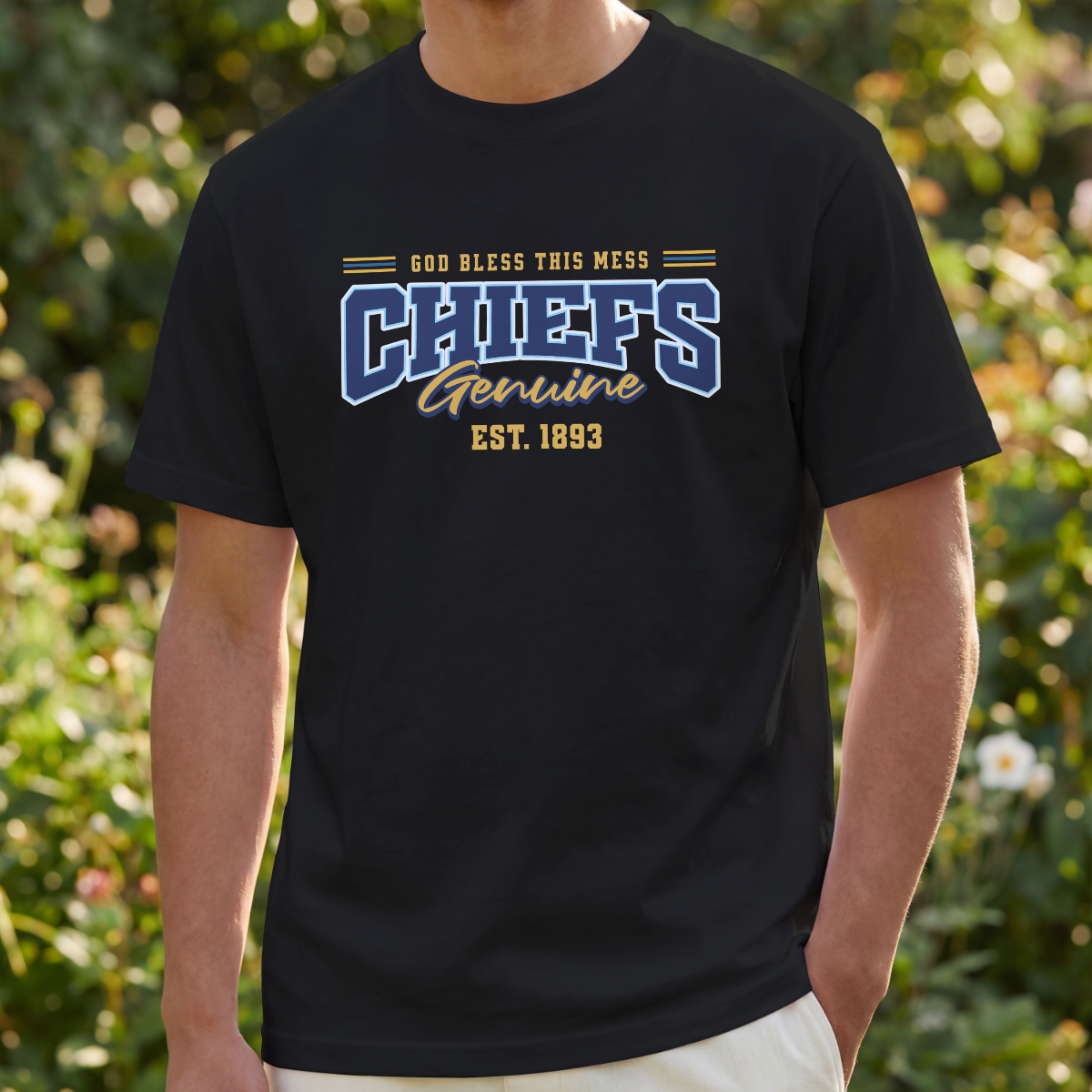 Chiefs T‑Shirt - "God Bless This Mess" - Crew Tee - Varsity Lettering