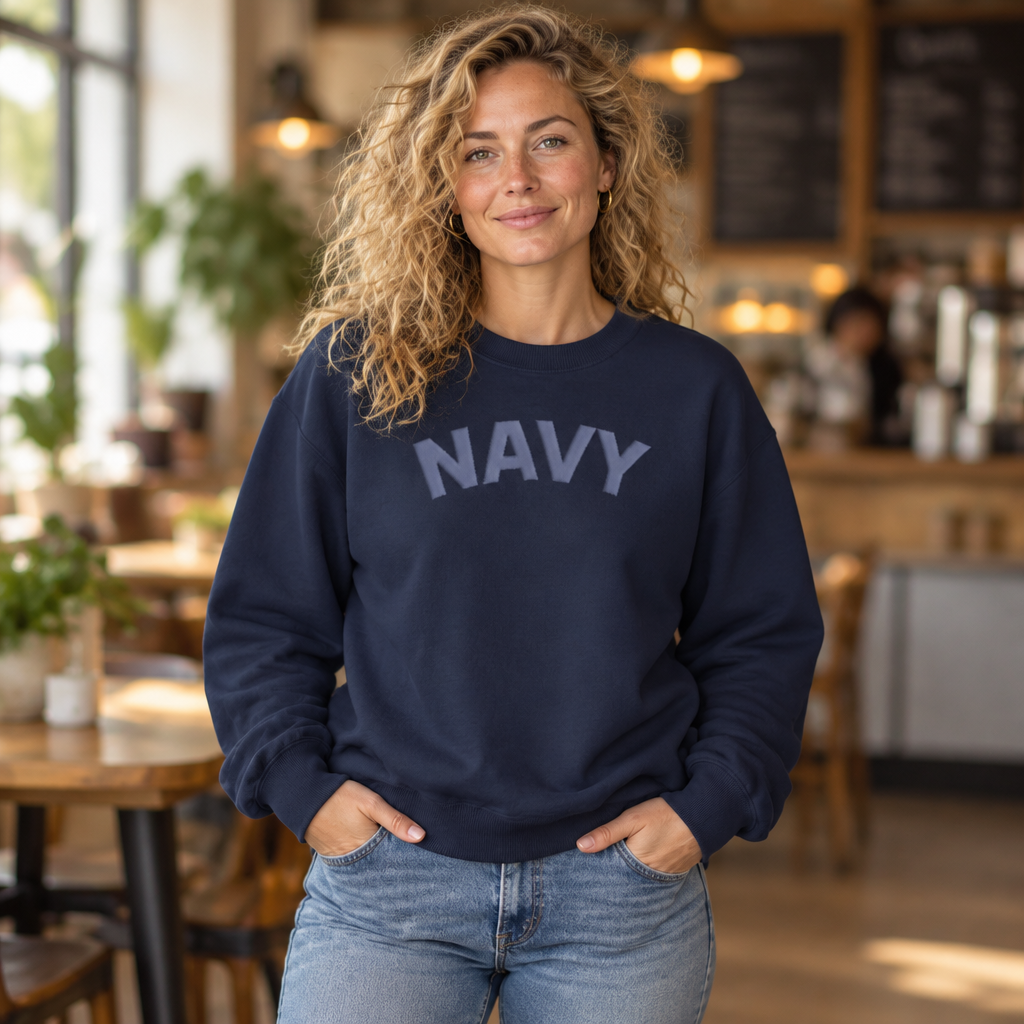 US Navy Monochrome Puff Print Text Crewneck Sweatshirt