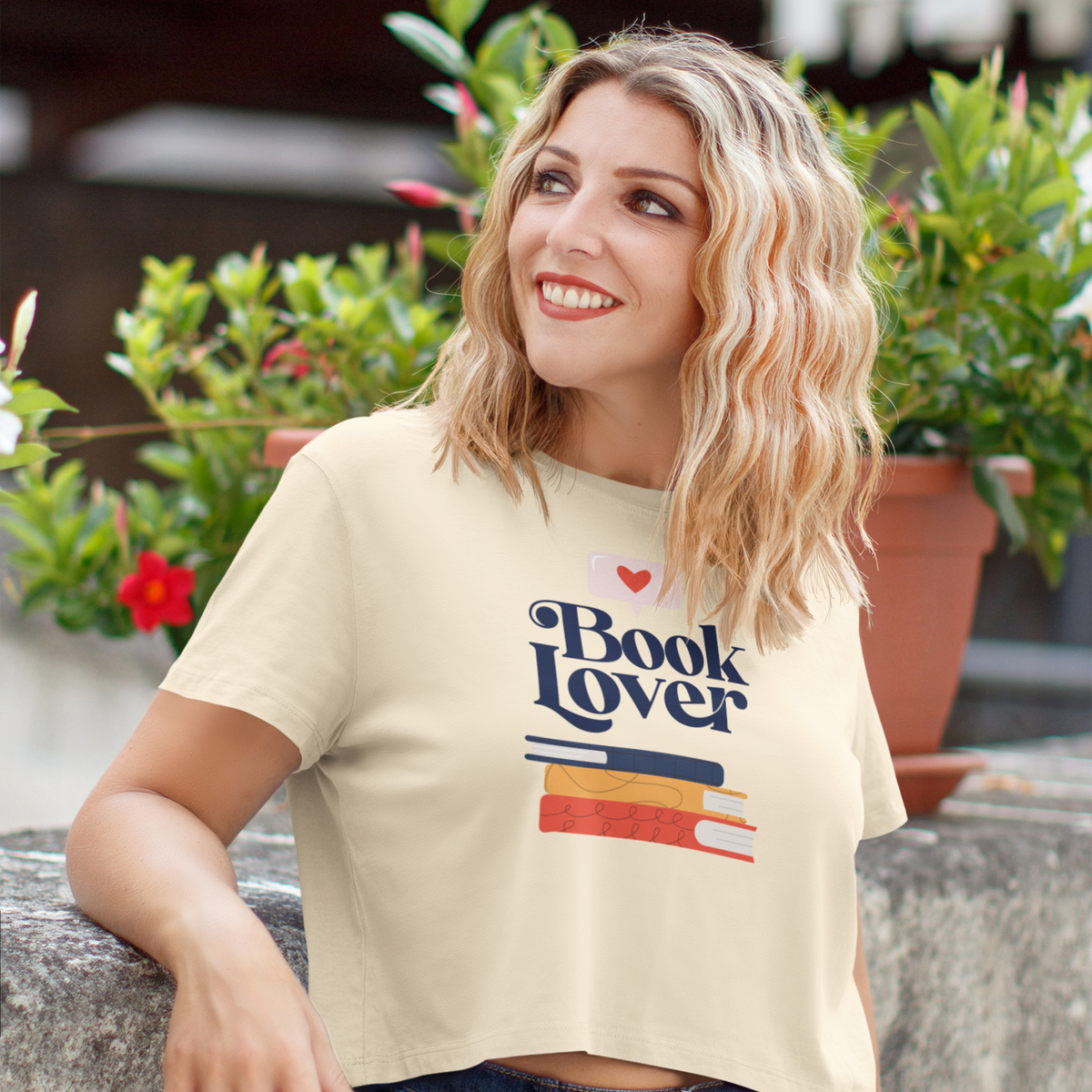 Book Lover Boxy Tee - Women's Casual Graphic Shirt with Stack of Books
