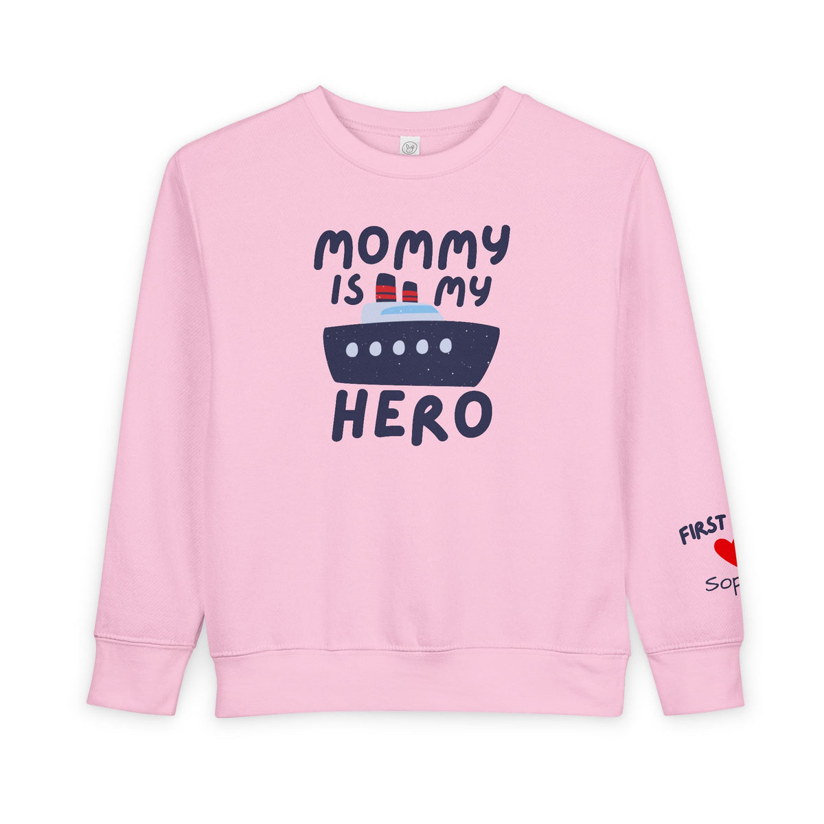 Mommy Is My Hero Toddler Sweatshirt - Cute Boat Design for Kids - Navy Family Sweatshirt with Personalization