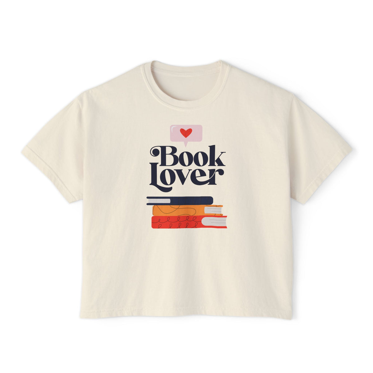 Book Lover Boxy Tee - Women's Casual Graphic Shirt with Stack of Books
