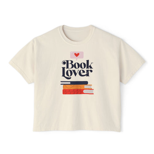 Book Lover Boxy Tee - Women's Casual Graphic Shirt with Stack of Books