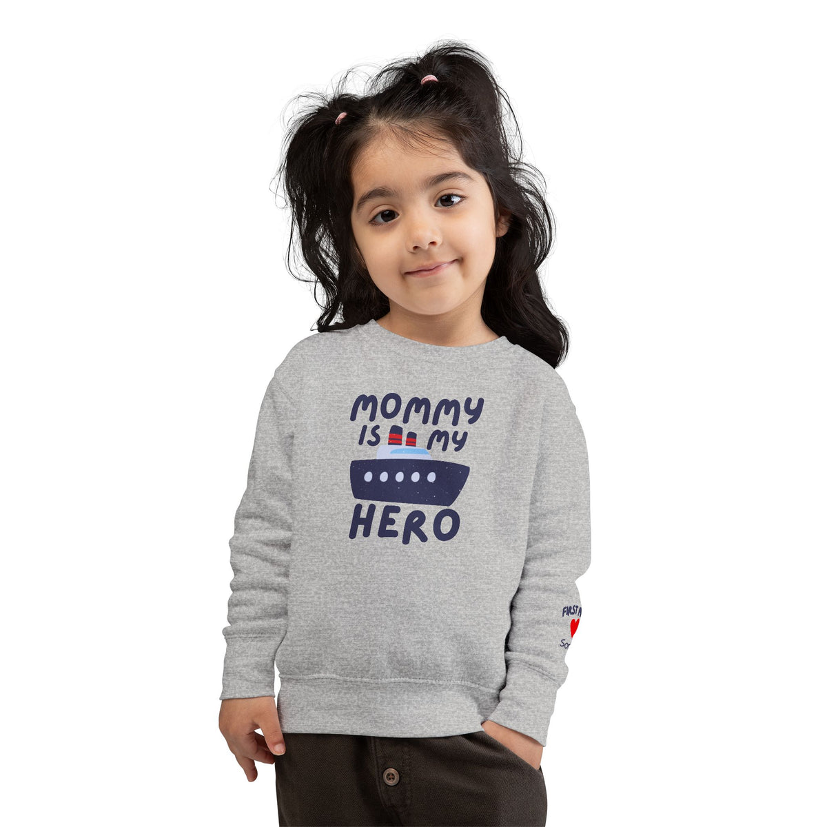 Mommy Is My Hero Toddler Sweatshirt - Cute Boat Design for Kids - Navy Family Sweatshirt with Personalization