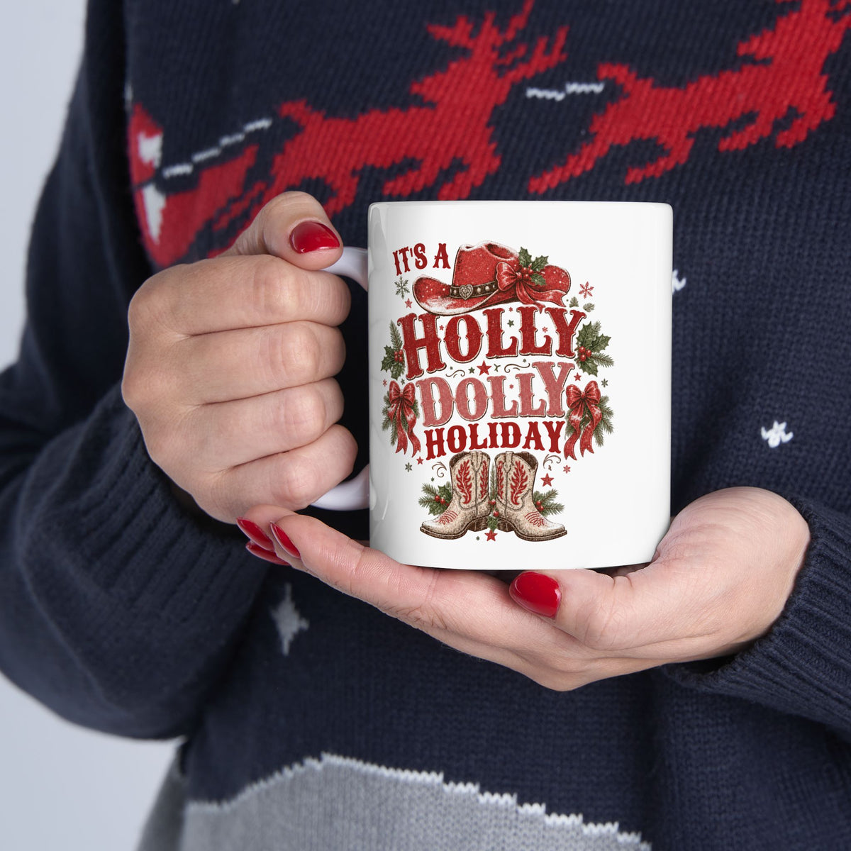 Holly Dolly Christmas Floral Holly Ceramic Mug | Festive Holiday Coffee Cup, Cozy Winter Drinkware, Secret Santa Gift Idea