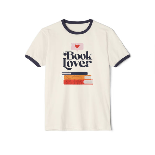 Book Lover Ringer Tee — Retro Stack of Books Graphic