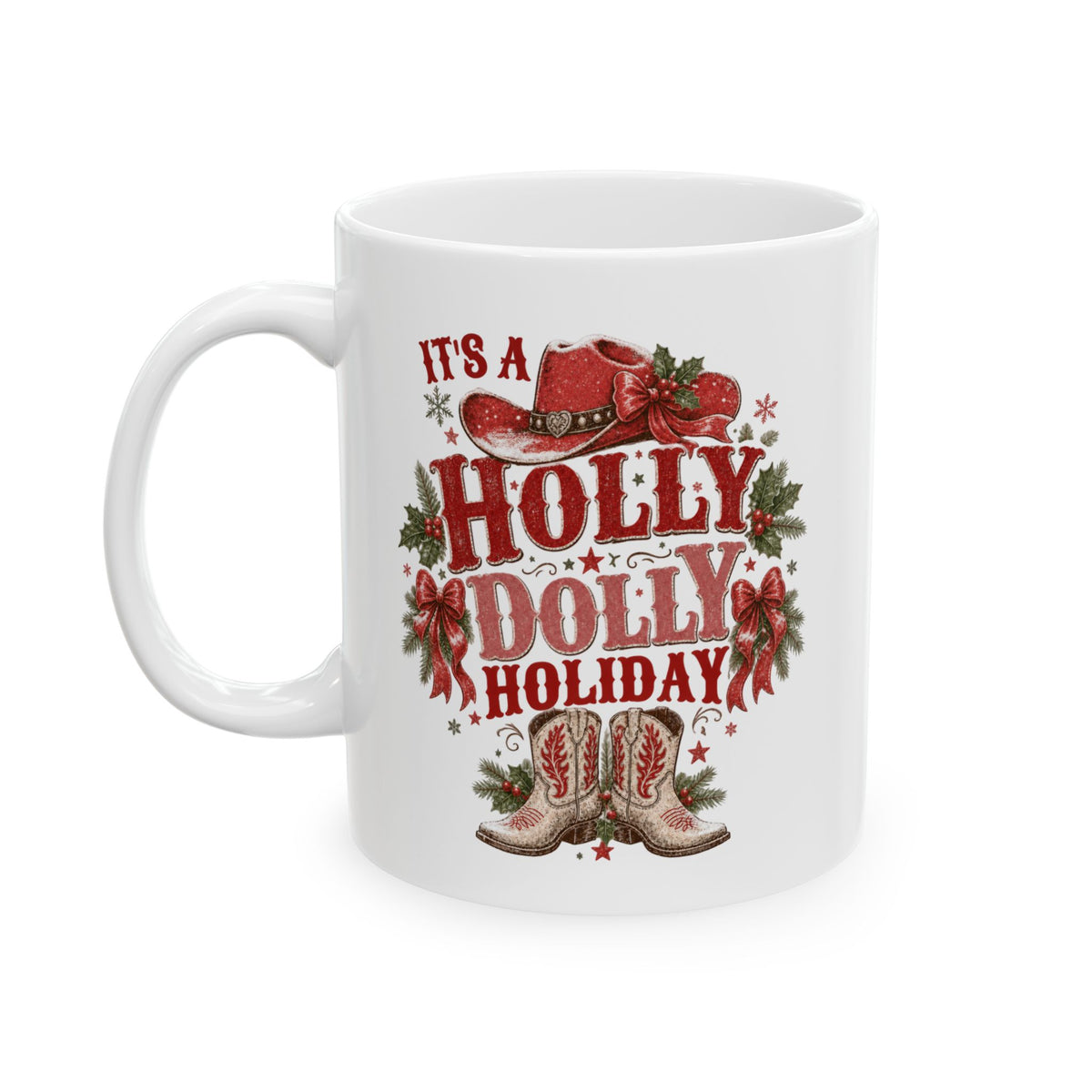 Holly Dolly Christmas Floral Holly Ceramic Mug | Festive Holiday Coffee Cup, Cozy Winter Drinkware, Secret Santa Gift Idea