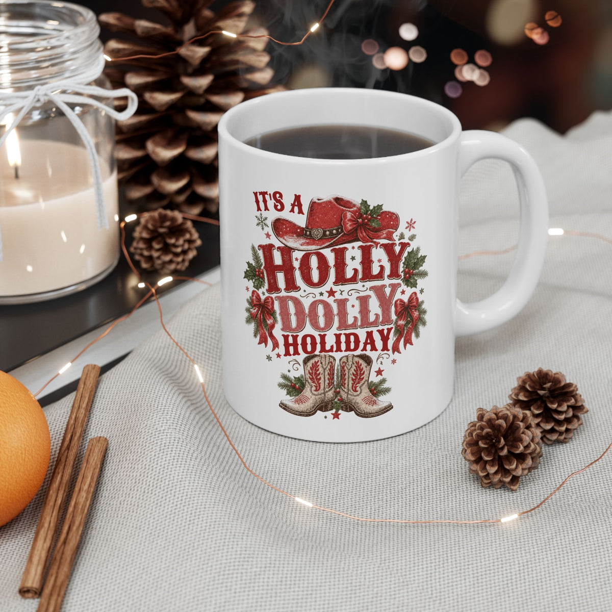 Holly Dolly Christmas Floral Holly Ceramic Mug | Festive Holiday Coffee Cup, Cozy Winter Drinkware, Secret Santa Gift Idea